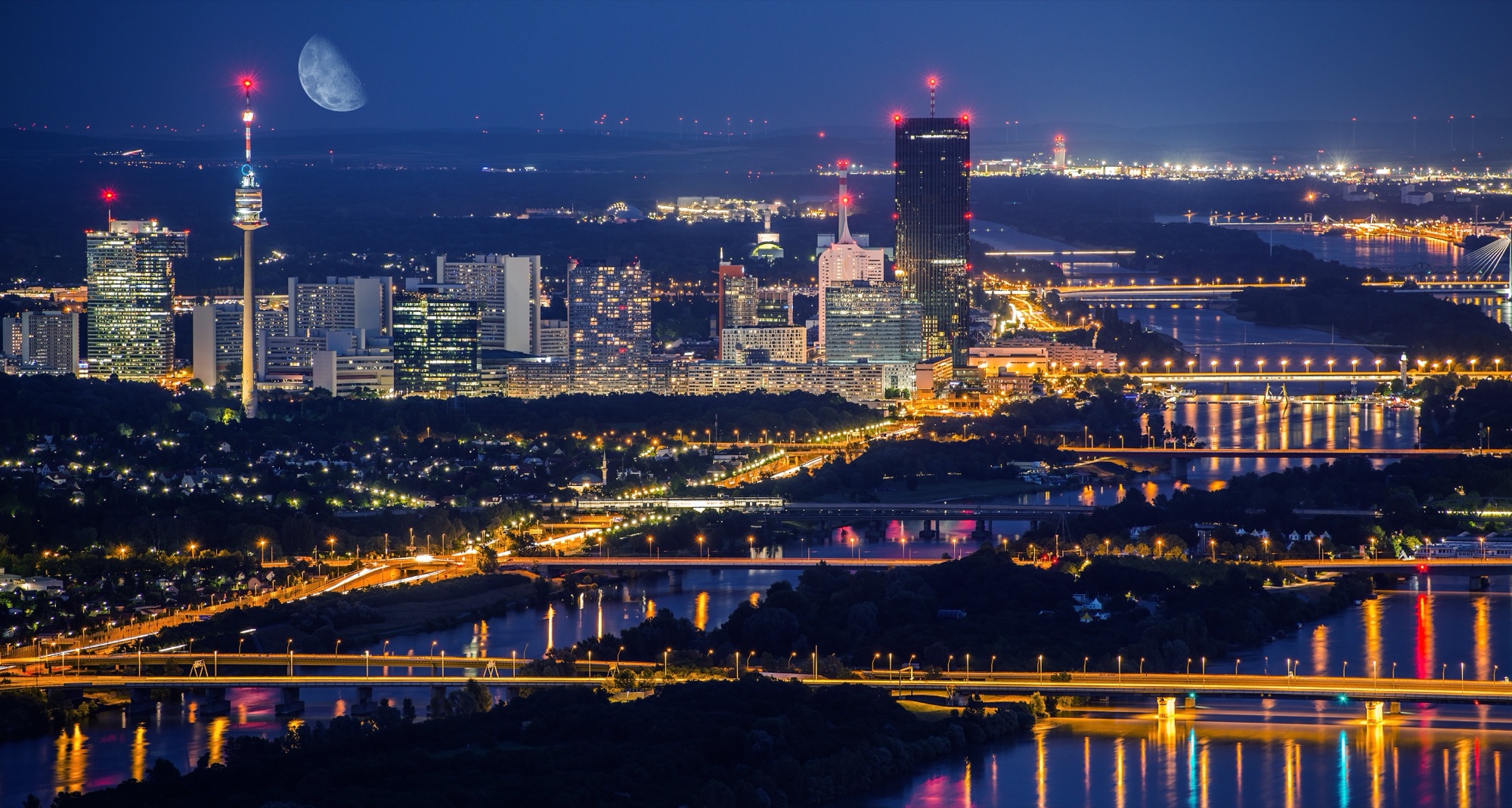 Vienna skyline at night, representing B2B companies across Germany and the DACH region
