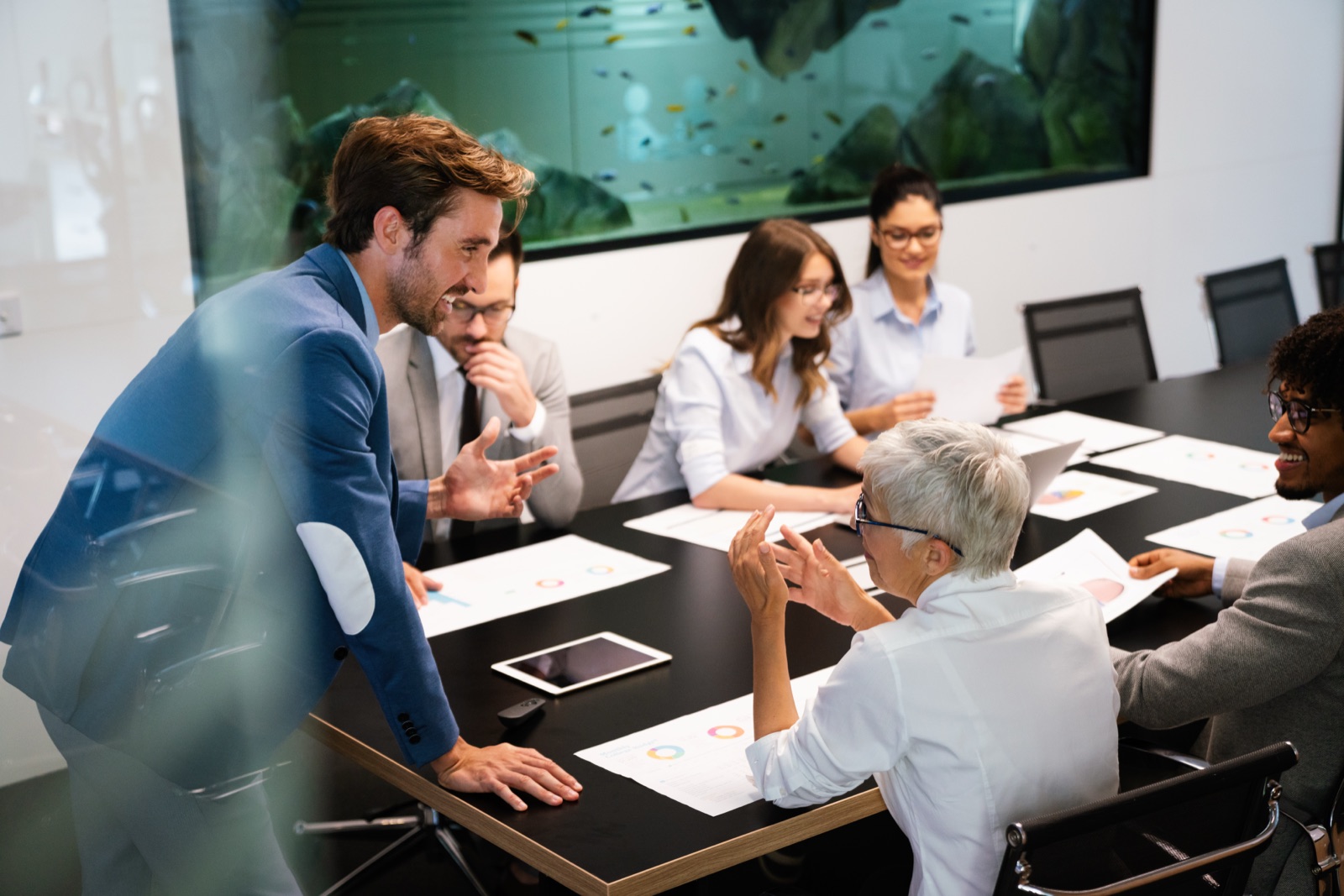 A marketing operations team working together in an office